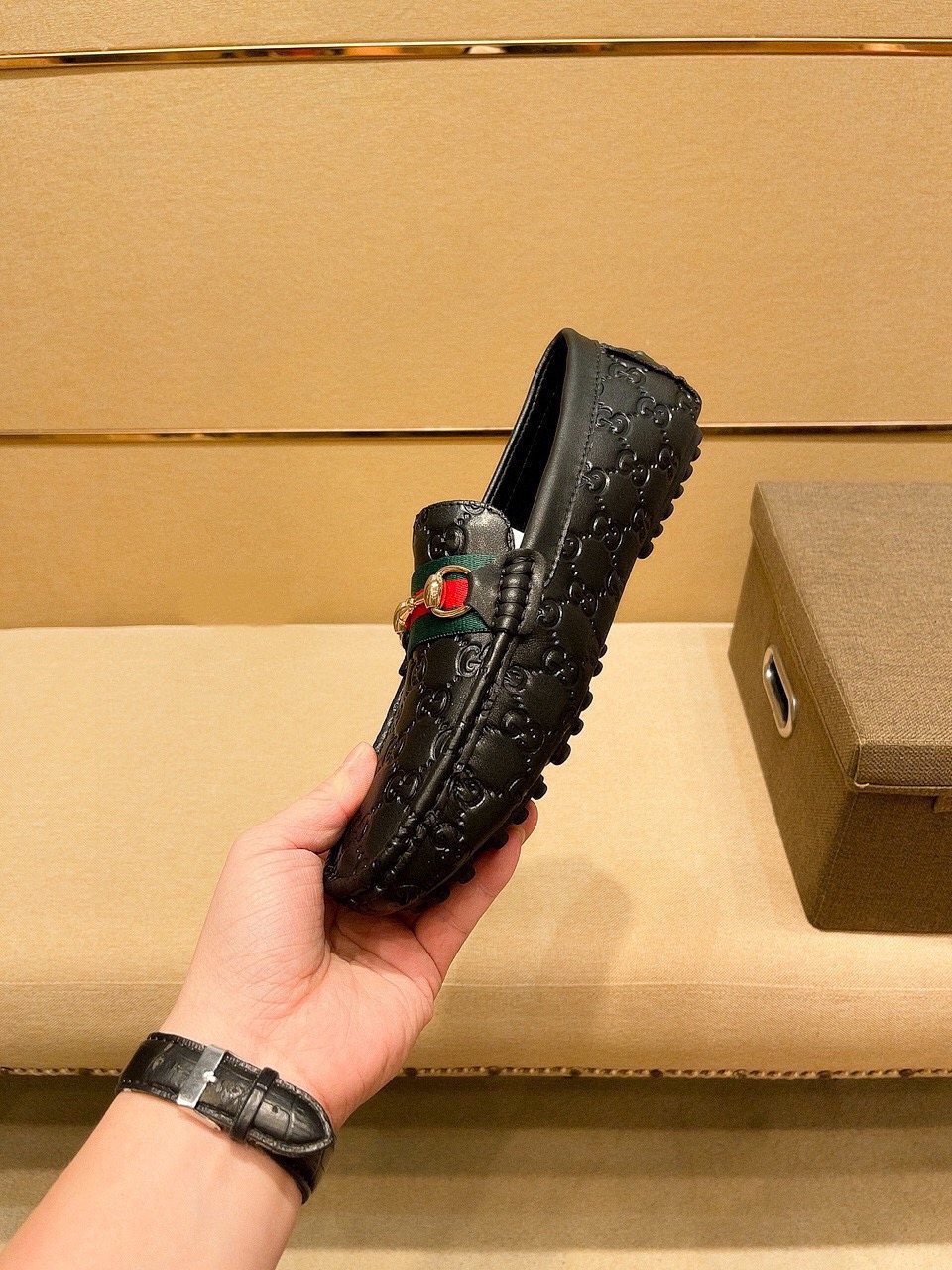 Gucci Embossed Loafers with Green and Red Band