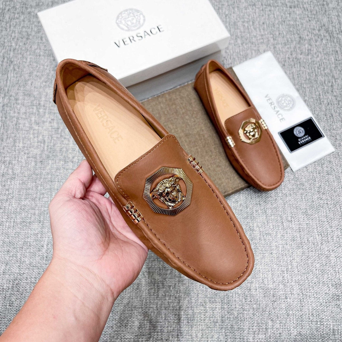 Versace Tan Brown Leather Driving Loafers