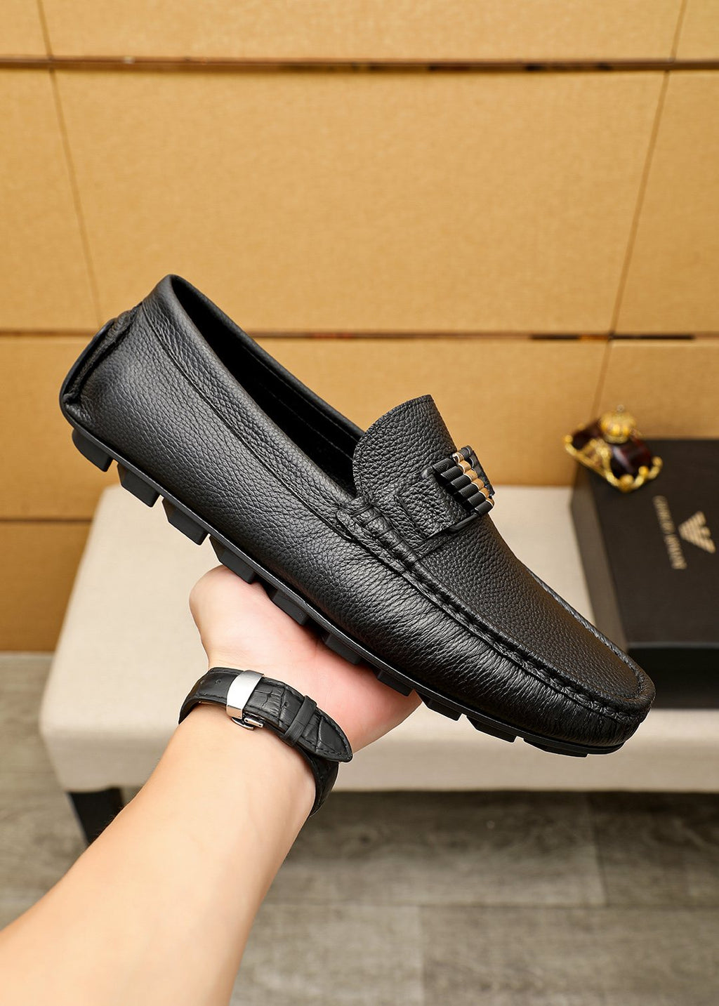 Giorgio Armani Black Leather Driving Loafers